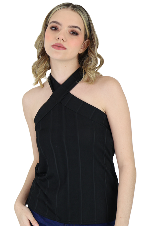 Blusa Tirantes Cruzados Negro Textura En Tela Rayas Verticales Para Dama